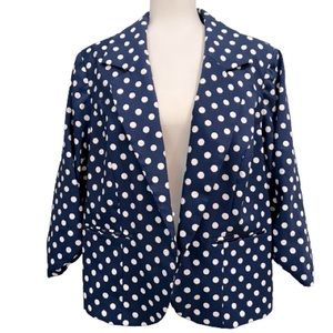 Dressbarn Navy Polka Dot Open Blazer Jacket Ruched Sleeves Fully Lined